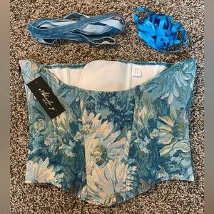 Blue floral underbust corset w/zipper